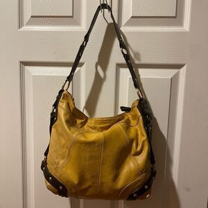 Tasche leather mustard yellow shoulder bag brown trims &strap gold tone studs